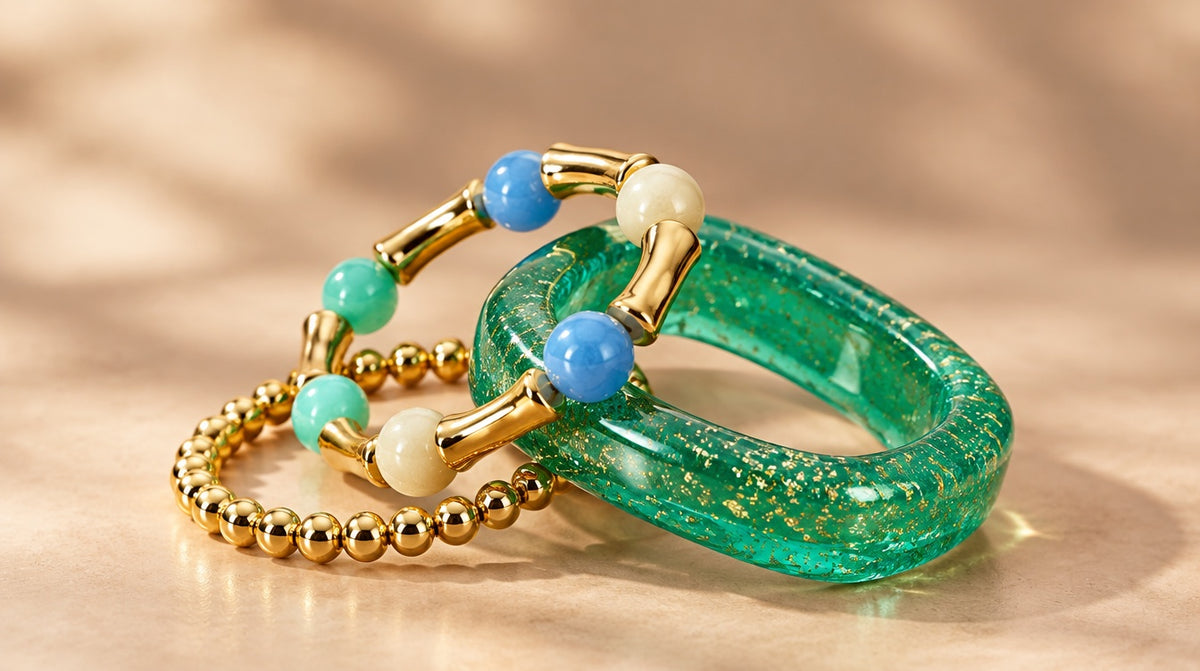 Emerald Gold-Fleck Resin Bangle Set (3 Pc)