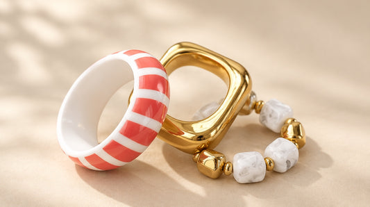 Coral Stripe & Mirror Gold Bangle Set (3 Pc)