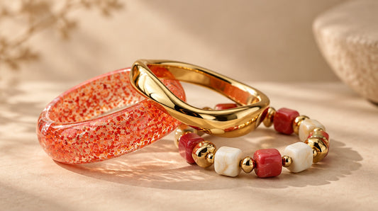 Coral Glitter & Stone Bead Bangle Set (3 Pc)