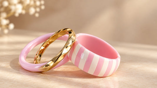 Baby Pink & Twisted Gold Bangle Set (3 Pc)
