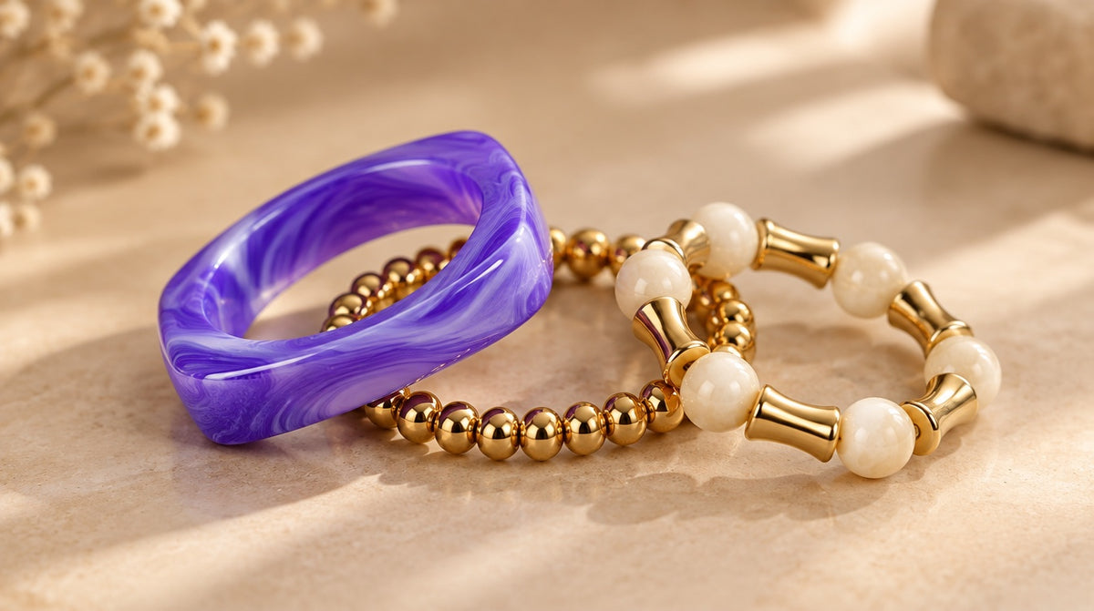 Violet Swirl & Cream Bangle Set (3 Pc)