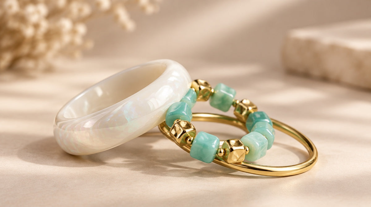 Pearl Cream & Mint Bangle Set (3 Pc)