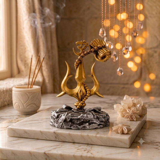 Lord Shiva trishul with damru on a white marble tray, beside incense sticks and warm fairy lights