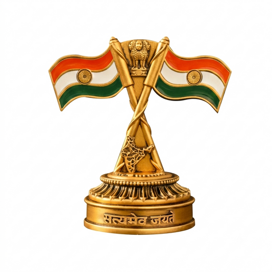Indian national flag showpiece with crossed tricolour flags and the Ashoka Chakra on a gold stand, white background