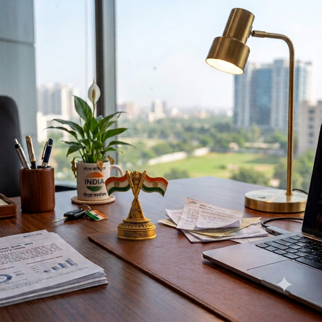 Indian national flag showpiece on a wooden office desk beside a brass lamp, a potted plant and a laptop