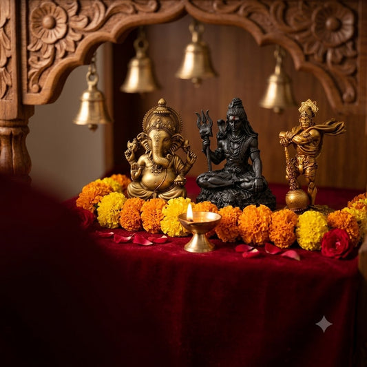 Ganesh, Shiva and a third idol in a carved wooden home mandir hung with brass bells, on red cloth with marigolds and a lit diya