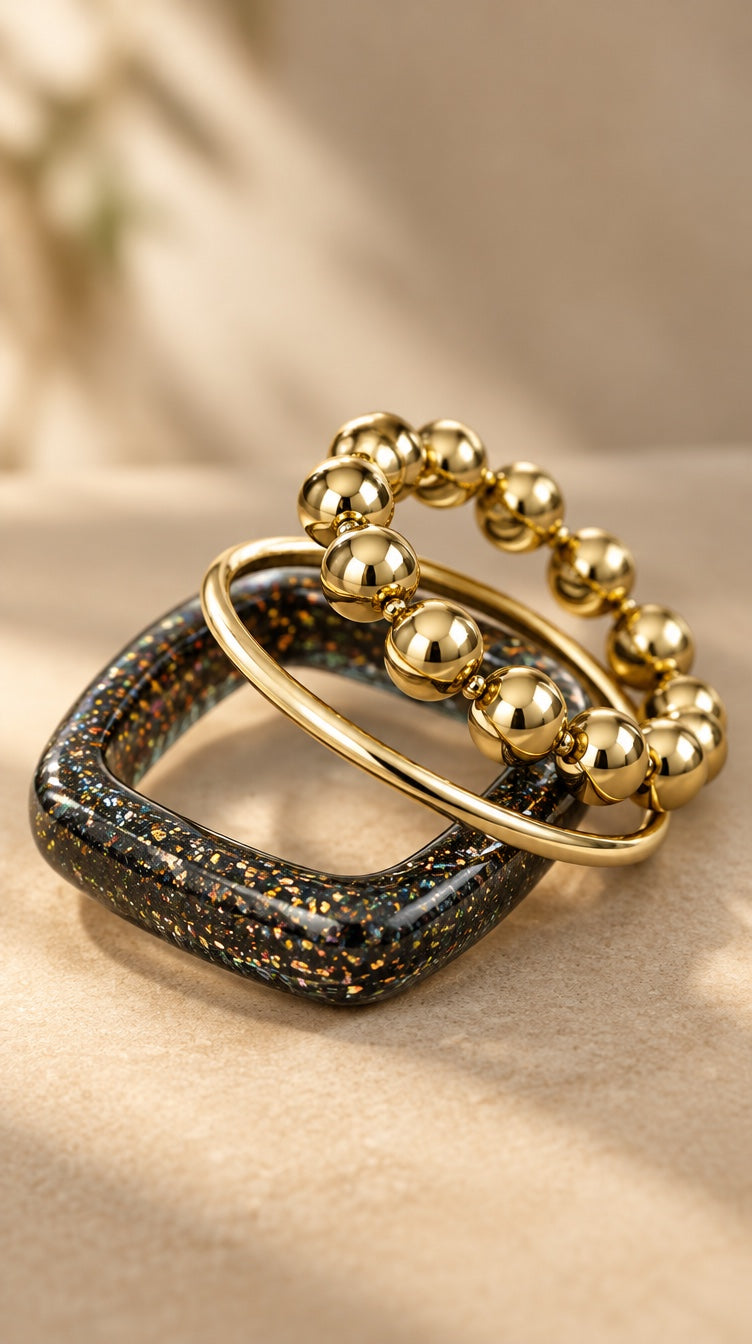 Midnight Glitter & Gold Resin Bangle Set (3 Pc)