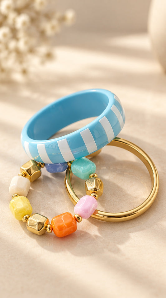 Sky Blue Stripe & Pastel Bead Bangle Set (3 Pc)