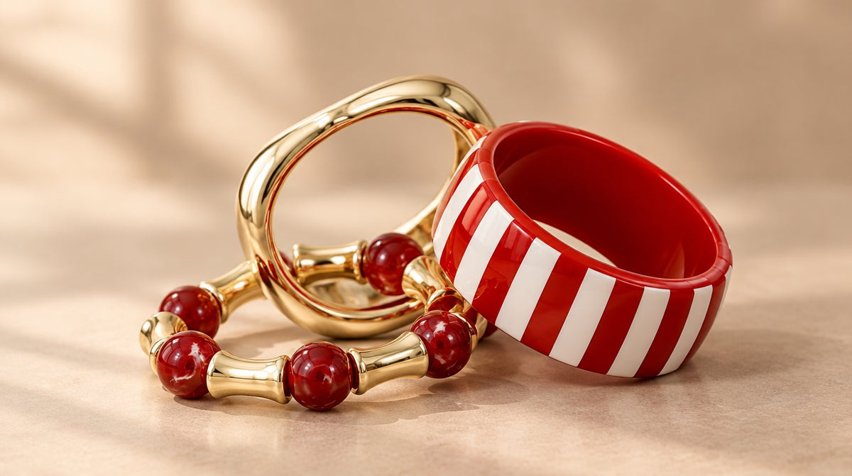 Cherry Red Stripe Resin Bangle Set (3 Pc)
