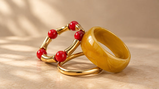 Amber & Cherry Bead Bangle Set (3 Pc)