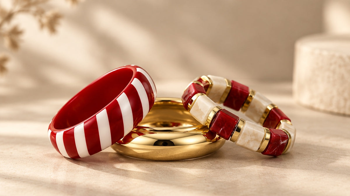 Red Stripe & Marbled Bead Bangle Set (3 Pc)