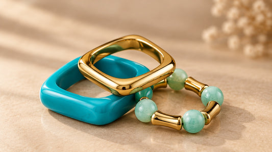 Turquoise Square & Mirror Gold Bangle Set (3 Pc)