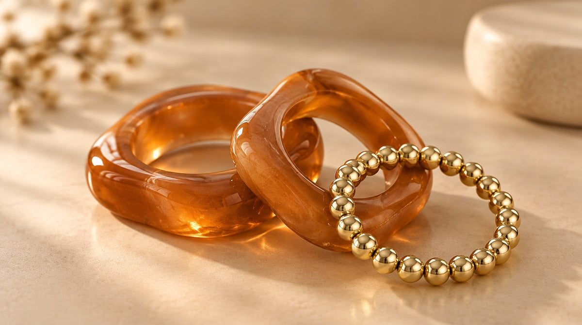 Caramel Amber & Gold Bead Bangle Set (3 Pc)