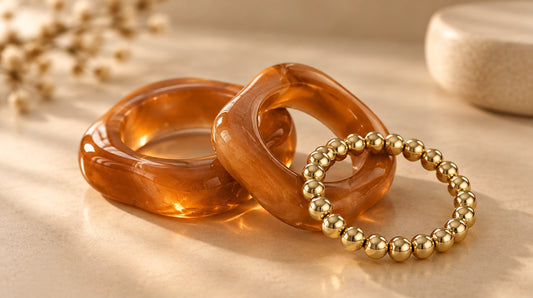 Caramel Amber & Gold Bead Bangle Set (3 Pc)