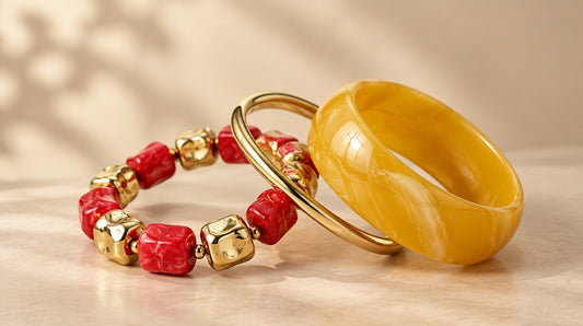 Red Nugget & Amber Bangle Set (3 Pc)
