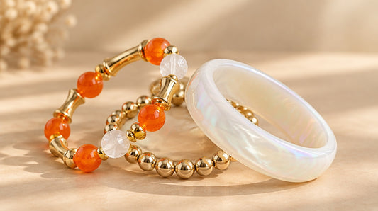 Pearl White & Orange Bead Bangle Set (3 Pc)