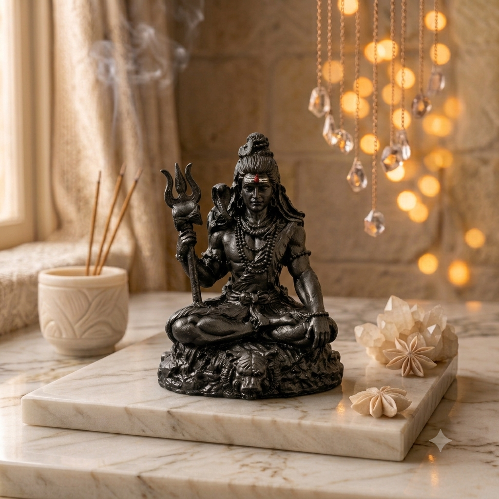 Bholenath Shiva idol seated in dhyana posture on a white marble tray, beside incense sticks and warm fairy lights