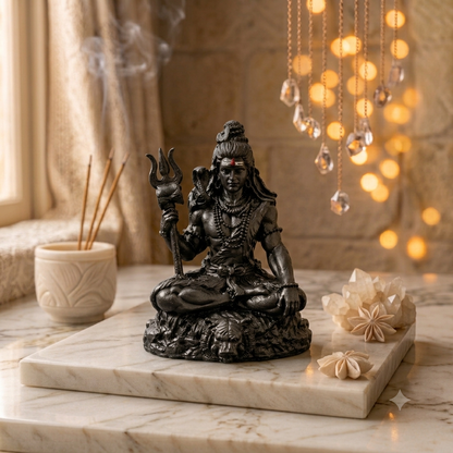 Bholenath Shiva idol seated in dhyana posture on a white marble tray, beside incense sticks and warm fairy lights