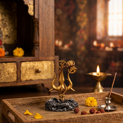 Lord Shiva trishul with damru on a wooden tray in a home mandir, with a lit brass diya and marigolds