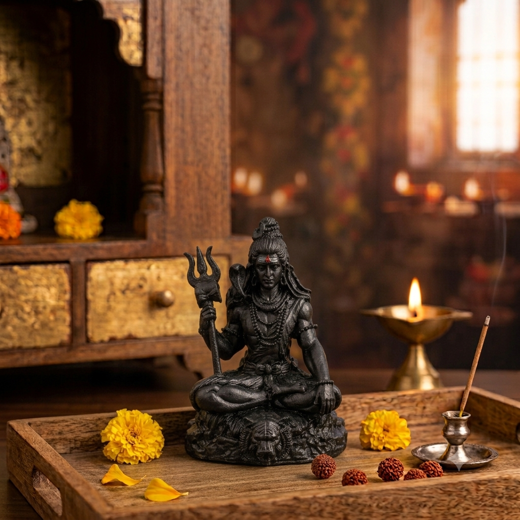 Bholenath Shiva idol on a wooden tray in a home mandir, with a lit brass diya, marigolds and rudraksha beads