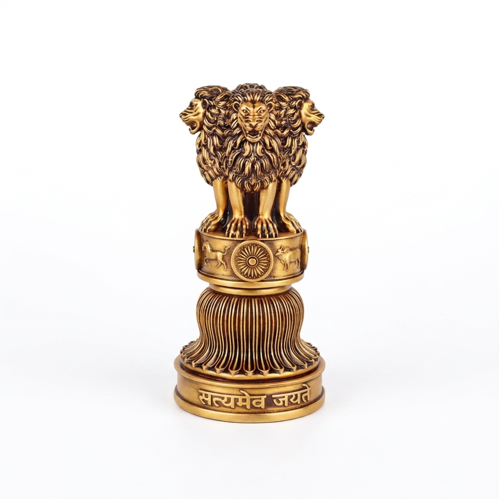 Ashok Stambh Lion Capital showpiece in antique gold with Satyameva Jayate at the base, on a plain white background