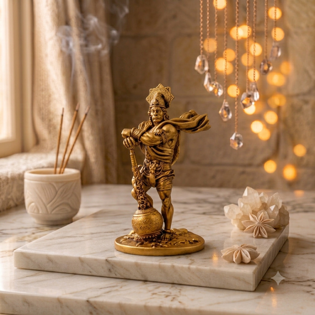 Bahubali Hanuman idol in antique gold on a white marble tray, beside incense sticks and warm fairy lights