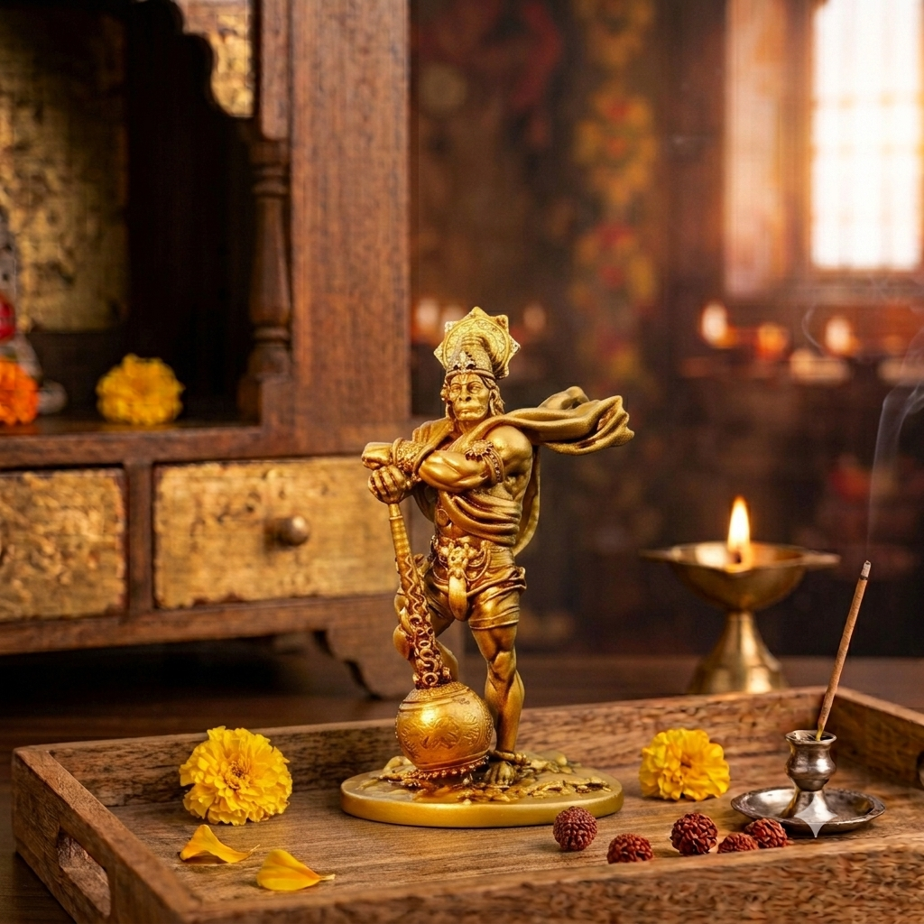 Bahubali Hanuman idol on a wooden tray in a home mandir, with a lit brass diya, marigolds and rudraksha beads