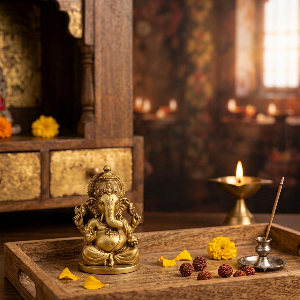 Ganesh idol on a wooden tray in a home mandir, with a lit brass diya, marigolds and rudraksha beads