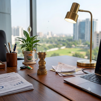 Ashok Stambh showpiece on a wooden office desk beside a brass lamp, a potted plant and a laptop, city view behind