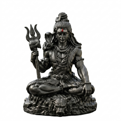 Bholenath Shiva idol in an antique silver finish, seated in dhyana posture, on a plain white background