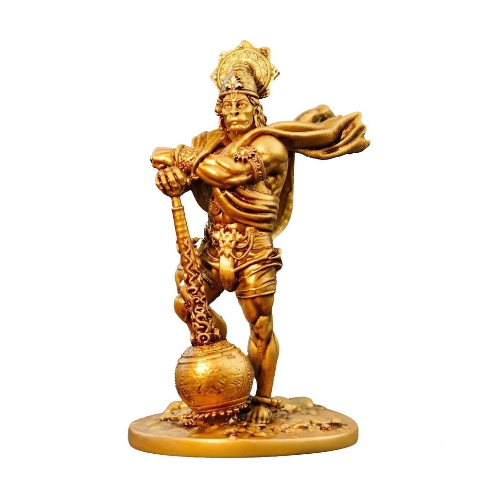 Bahubali Hanuman idol in antique gold, mace in hand and standing on a sphere, on a plain white background