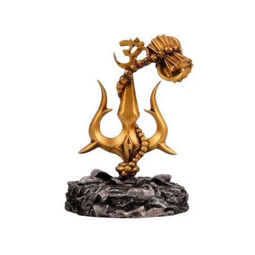 Lord Shiva trishul with damru and Om symbol in antique gold on a rock-effect base, plain white background