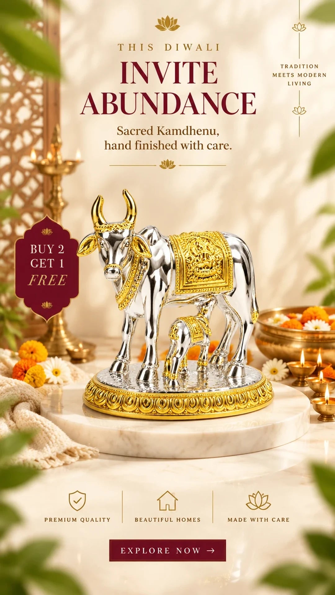This Diwali, invite abundance. Sacred Kamdhenu cow and calf idol in silver and gold finish polyresin. Buy 2 Get 1 Free.