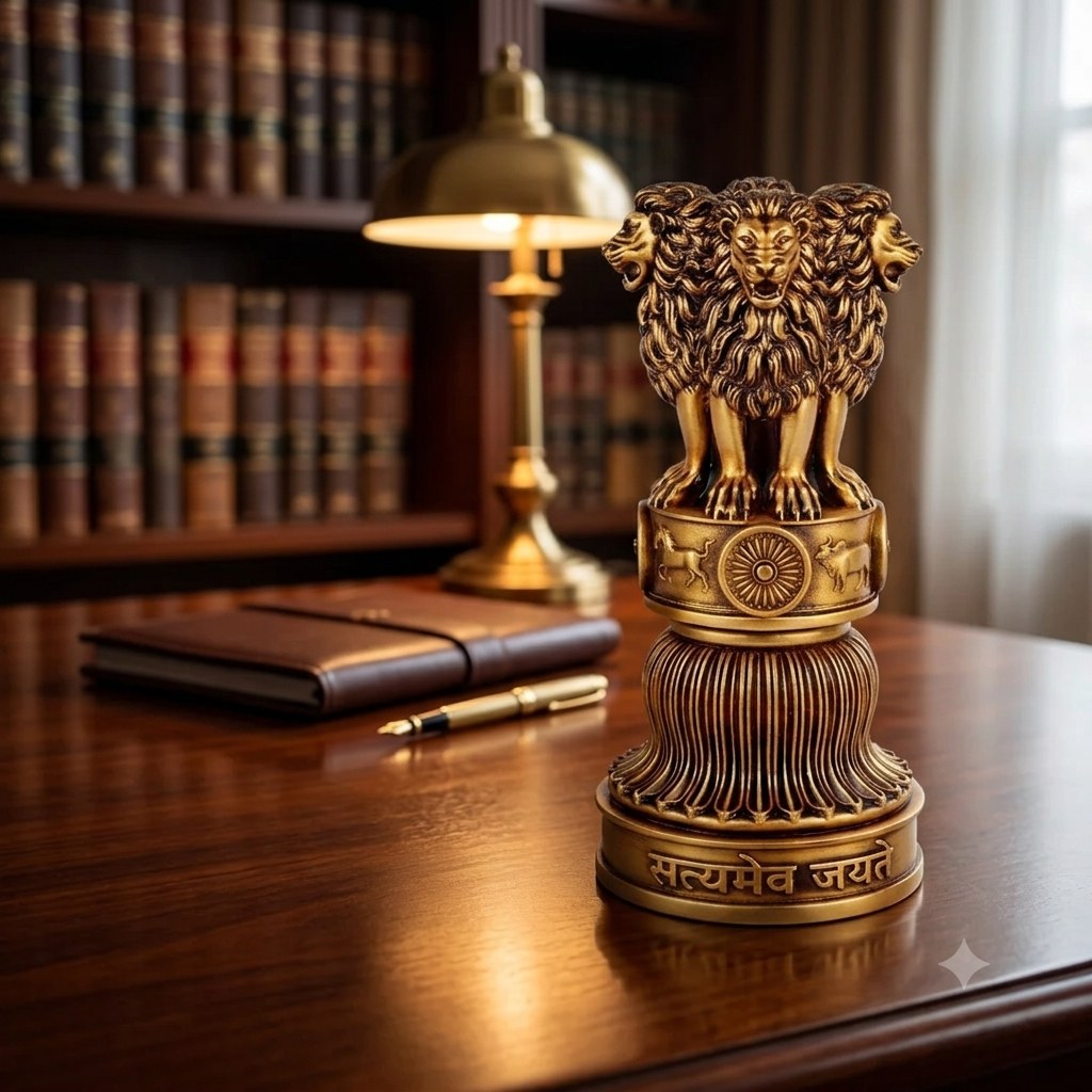 Ashok Stambh showpiece in antique gold on a polished wooden desk, beside a brass banker's lamp and books
