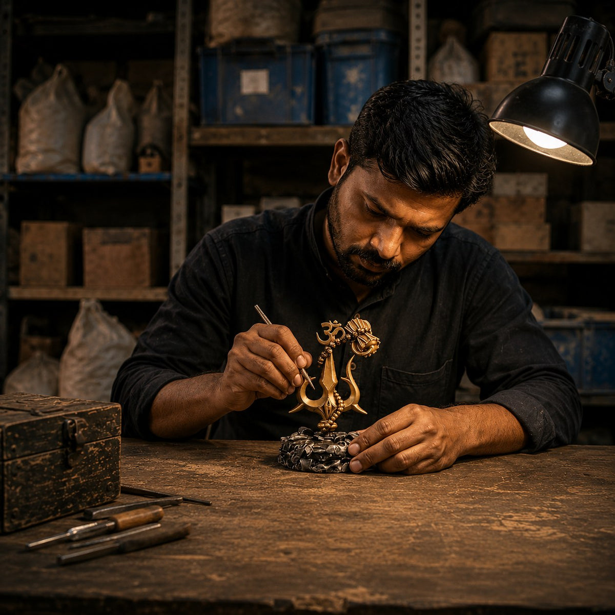 An Auraya artisan hand-finishing a Trishul at his workbench