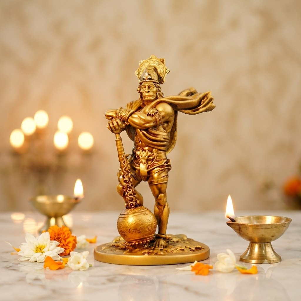 Bahubali Hanuman idol in antique gold, lit by diyas and surrounded by marigolds and white flowers