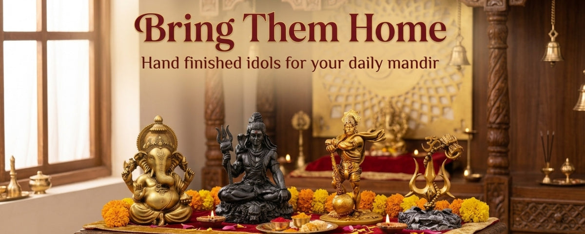 Ganesh, Shiva and Hanuman idols arranged in a wooden home mandir. Text reads: Bring Them Home, hand finished idols for your daily mandir.