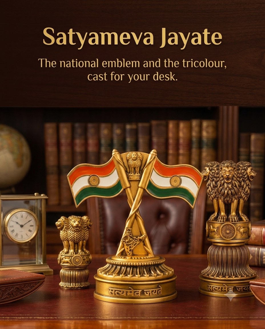 Ashok Stambh and crossed Indian tricolour flags on a desk. Text reads: Satyameva Jayate, the national emblem and the tricolour, cast for your desk.