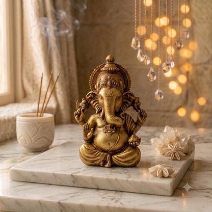 Ganesh idol in antique gold on a white marble tray, beside incense sticks and warm fairy lights