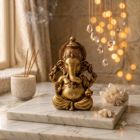 Ganesh idol in antique gold on a white marble tray, beside incense sticks and warm fairy lights